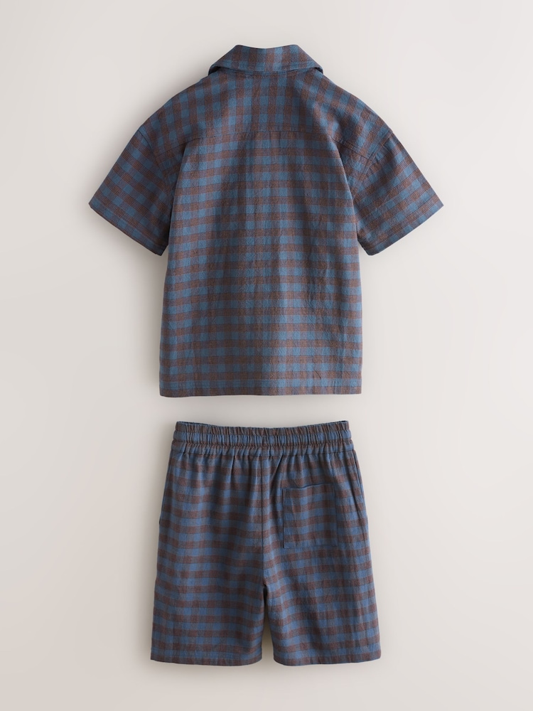smALLSAINTS Blue/Brown Cooper Checked Short Sleeve 3 Piece Jacket Top and Short Set - Image 2 of 6 smALLSAINTS Blue/Brown Cooper Checked Short Sleeve 3 Piece Jacket Top and Short Set - Image 2 of 6