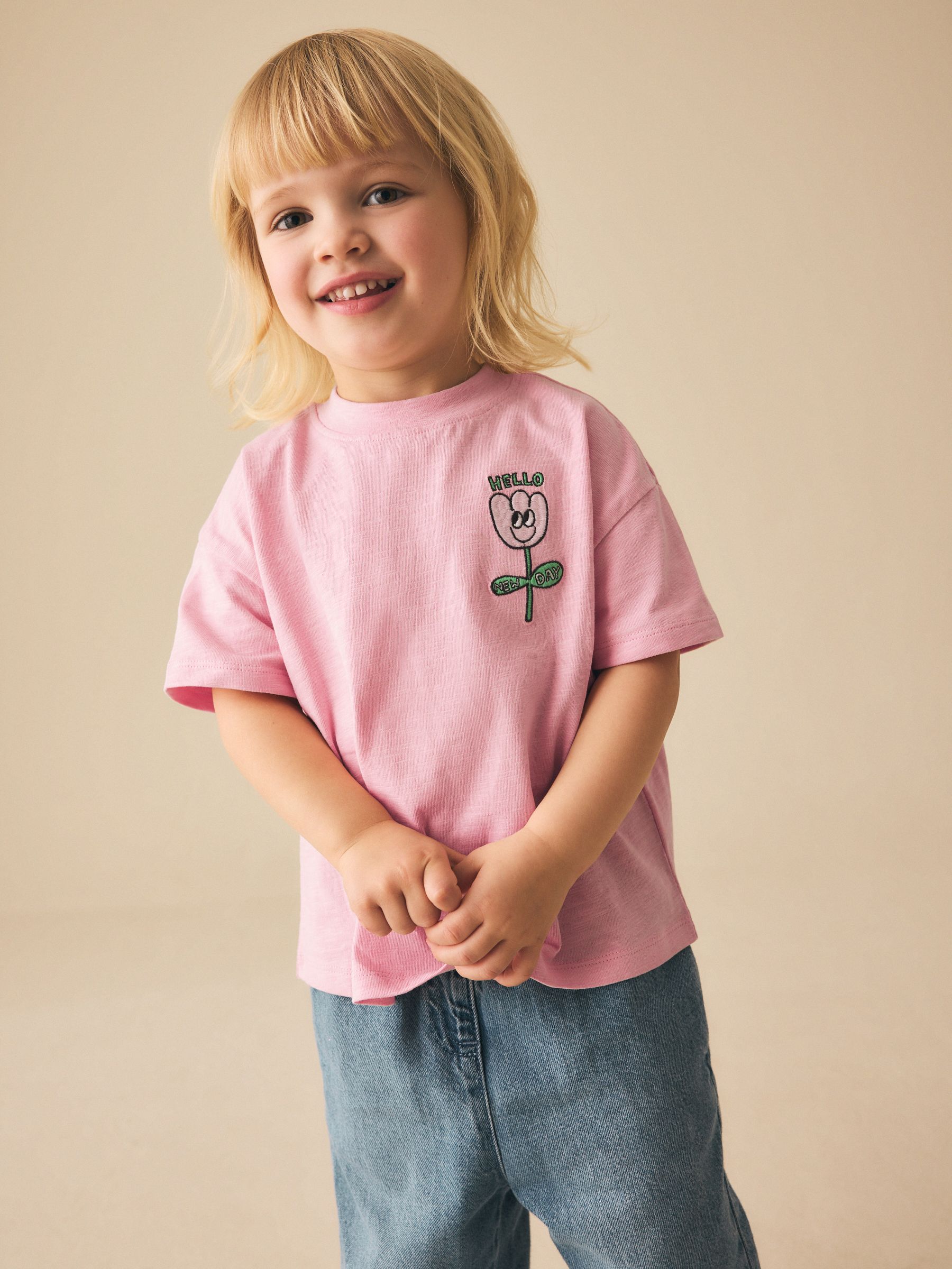 Next：日本 ピンク フラワー - 半袖 刺繍入り Tシャツ（3か月〜7 歳