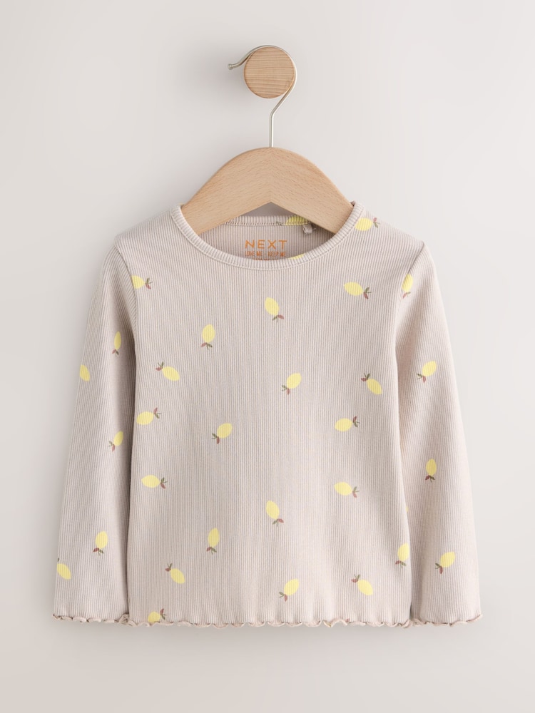 Neutral Lemon Print Rib Long Sleeve T-Shirt (3mths-7yrs) - Image 1 of 4