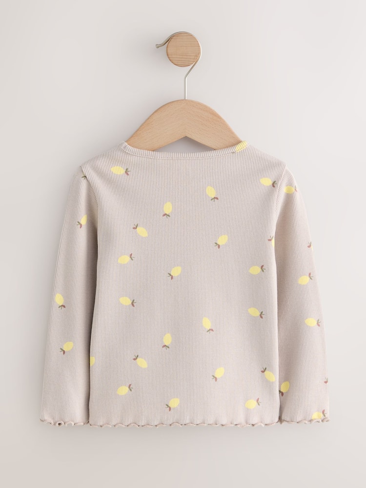 Neutral Lemon Print Rib Long Sleeve T-Shirt (3mths-7yrs) - Image 2 of 4