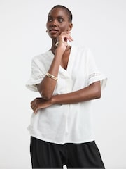 JD Williams White Crochet Trim Linen Popover Top - Image 1 of 4