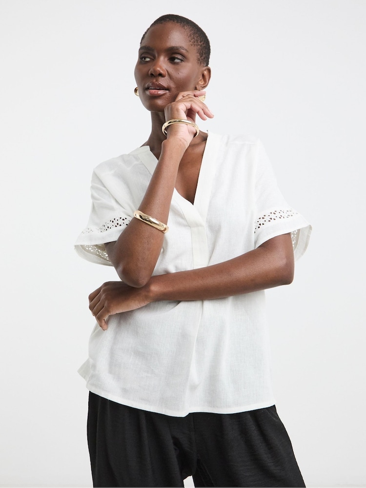 JD Williams White Crochet Trim Linen Popover Top - Image 1 of 4