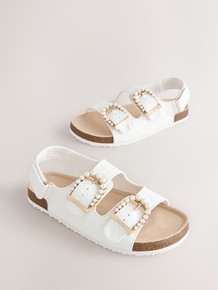 Baker by Ted Baker Double Buckle Pearl Footbed White Embossed Sandals - Imaginea 1 din 5
