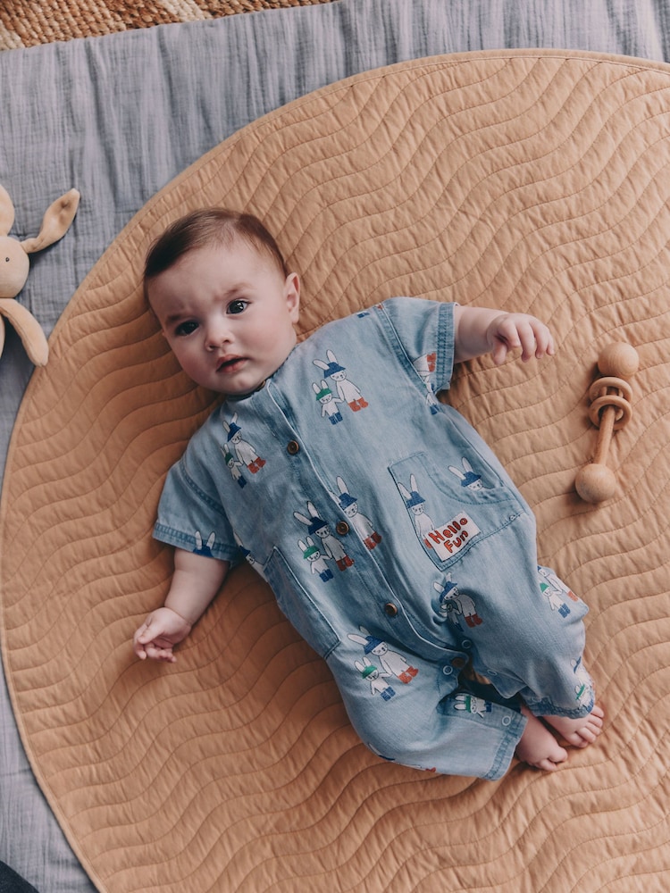 Blue Denim Rabbit Print Short Sleeve Baby Romper (0mths-3yrs) - Image 1 of 12