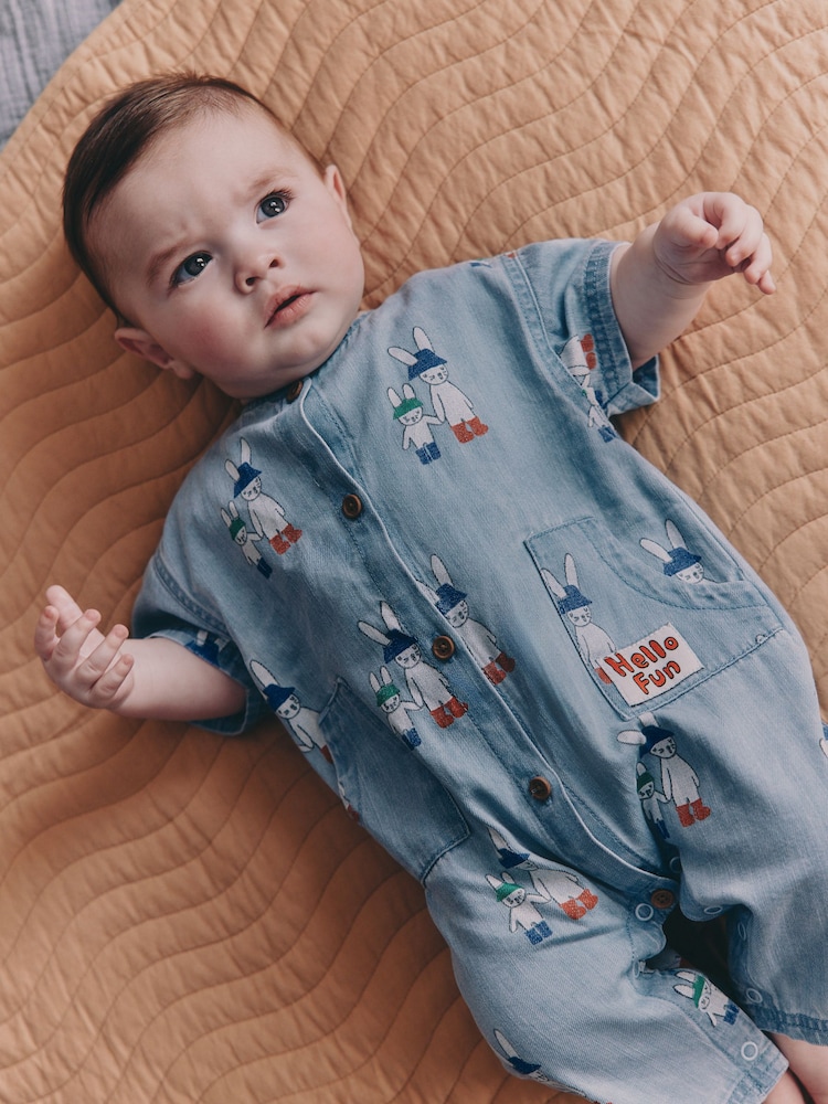 Blue Denim Rabbit Print Short Sleeve Baby Romper (0mths-3yrs) - Image 2 of 12