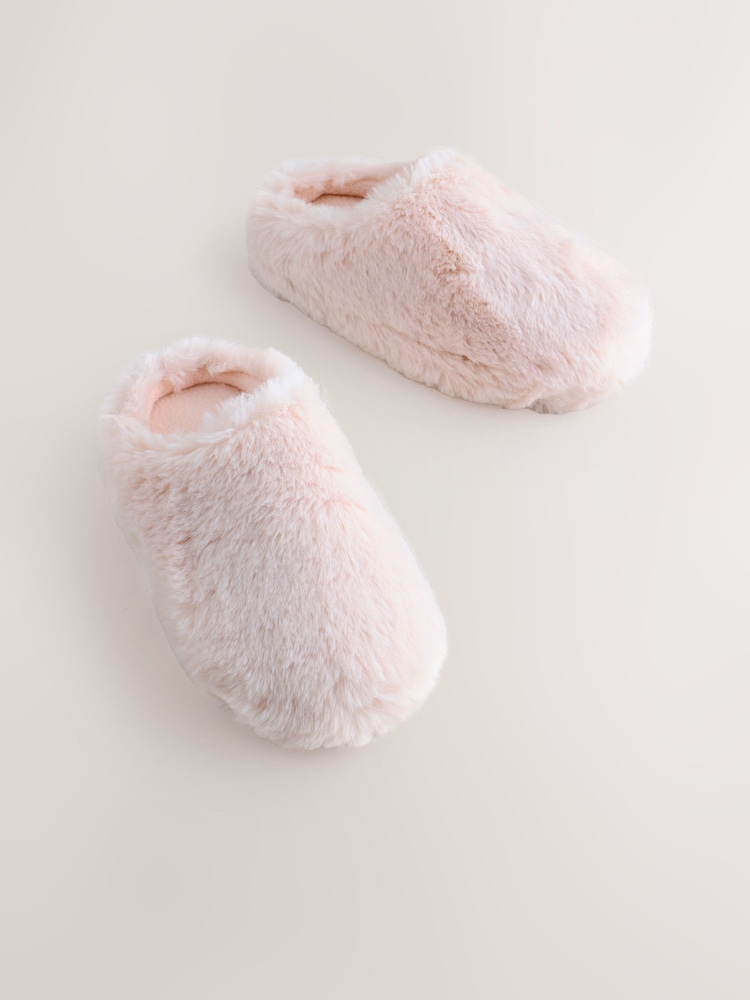 Pink Faux Fur Mule Slippers - Image 1 of 5 Pink Faux Fur Mule Slippers - Image 1 of 5