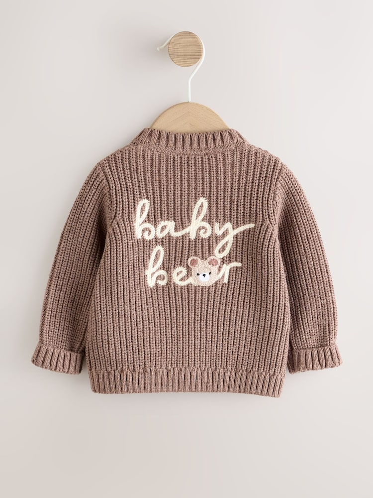 Brown Baby Bear Knitted Embroidered Baby Cardigan - Image 1 of 7 Brown Baby Bear Knitted Embroidered Baby Cardigan - Image 1 of 7