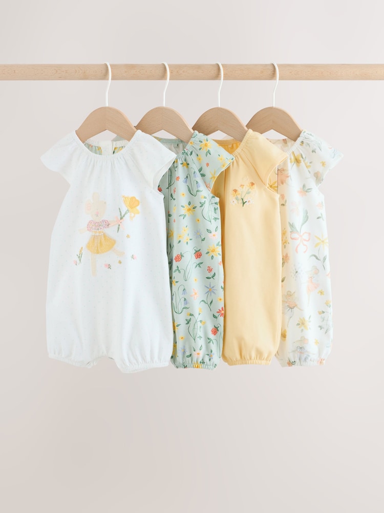 Yellow and Blue Floral Fairy Mouse 4 Pack Jersey Baby Rompers 4 Pack - Image 1 of 14