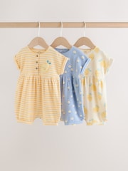 Blue and Lemon Printed Button T Shirt Jersey 3 Pack Baby Rompers - Image 1 of 14