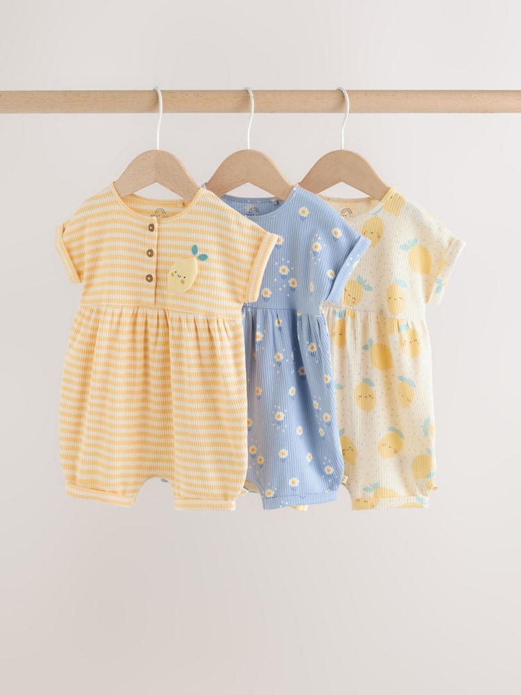 Blue and Lemon Printed Button T Shirt Jersey 3 Pack Baby Rompers - Image 1 of 14