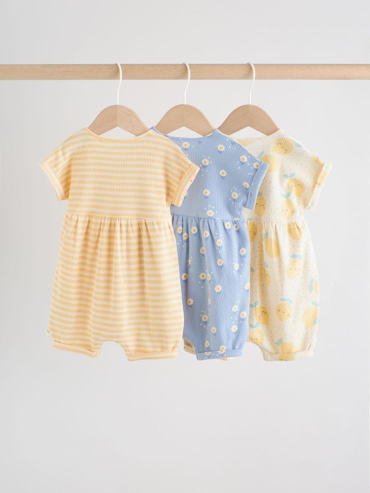 Blue and Lemon Printed Button T Shirt Jersey 3 Pack Baby Rompers - Image 2 of 14