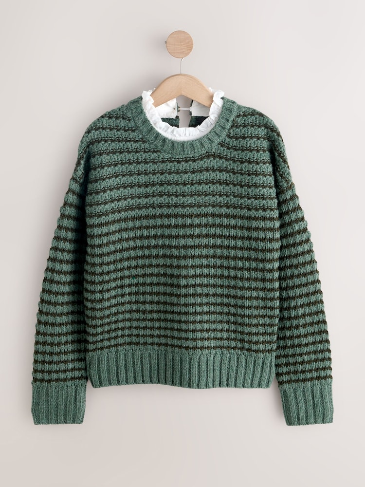 Khaki Green Stitchy Knit Pie Collar Layer Jumper - Image 1 of 3 Khaki Green Stitchy Knit Pie Collar Layer Jumper - Image 1 of 3