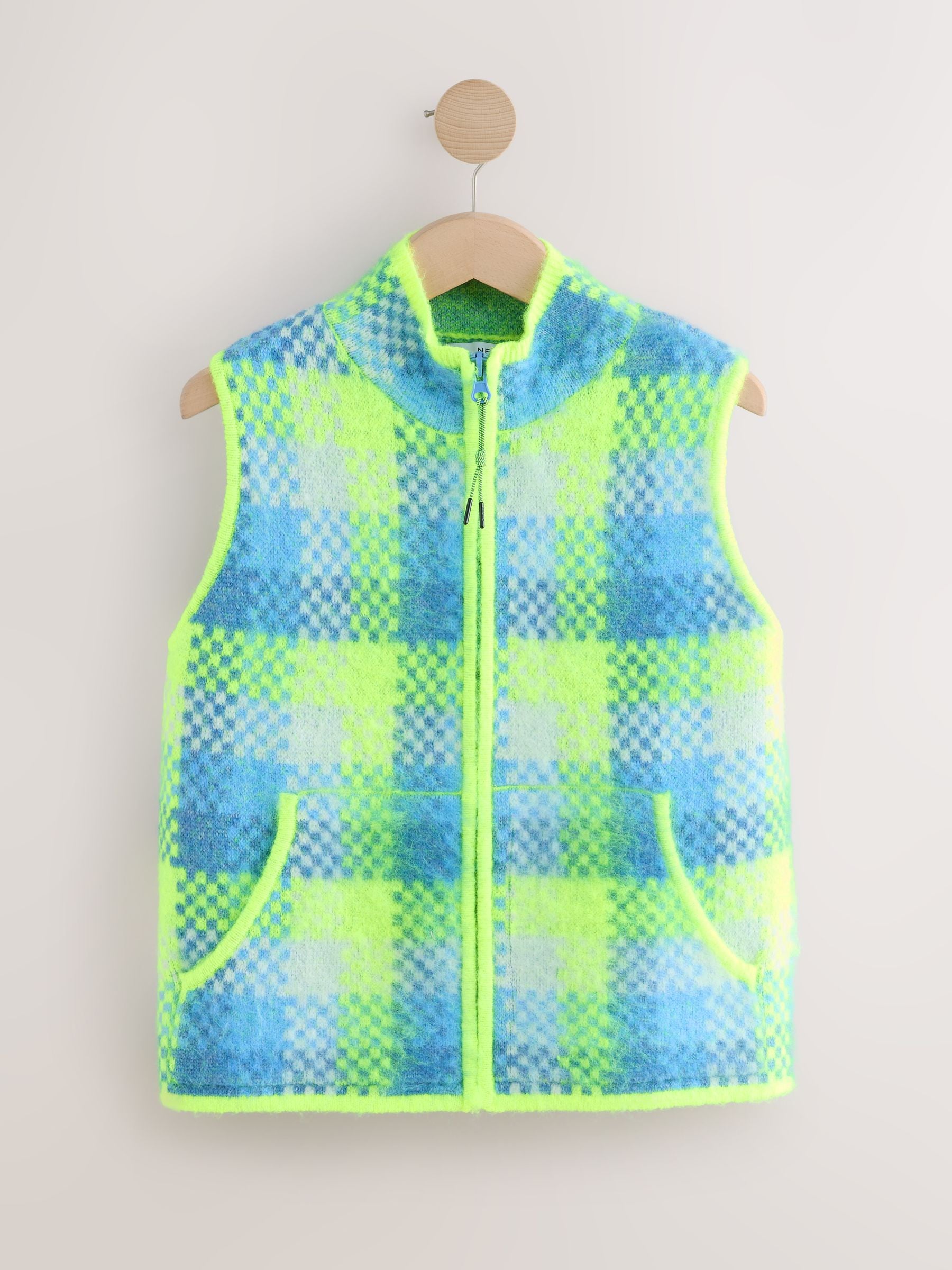 Buy Fluro Green/Blue Check Zip-Up Knitted Brushed Gilet from the