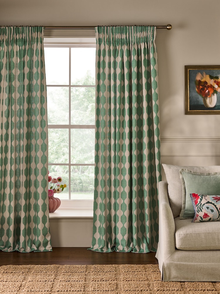 Green/Natural Wiggle Print Touch of Linen Pencil Pleat Lined Curtains - Image 2 of 5