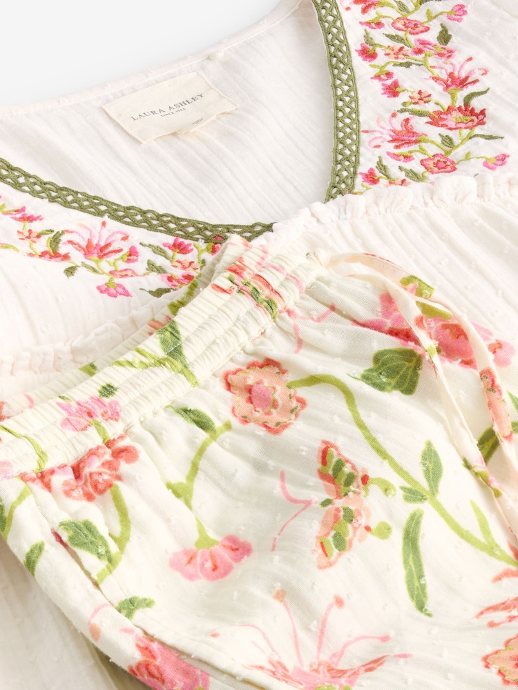 Laura Ashley Ecru/Pink Floral Cotton Dobby Woven Pyjamas - Image 14 of 14