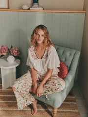 Laura Ashley Ecru/Pink Floral Cotton Dobby Woven Pyjamas - Image 3 of 14