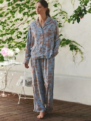 Laura Ashley Blue/ Brown Lloyd Print Viscose Dobby Button Through Pyjamas - Image 1 of 17