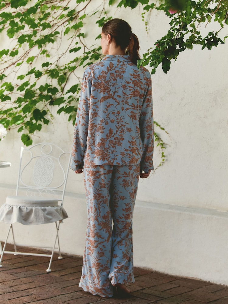 Laura Ashley Blue/ Brown Lloyd Print Viscose Dobby Button Through Pyjamas - Image 2 of 17