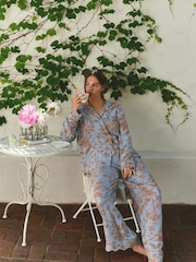 Laura Ashley Blue/ Brown Lloyd Print Viscose Dobby Button Through Pyjamas - Image 4 of 17