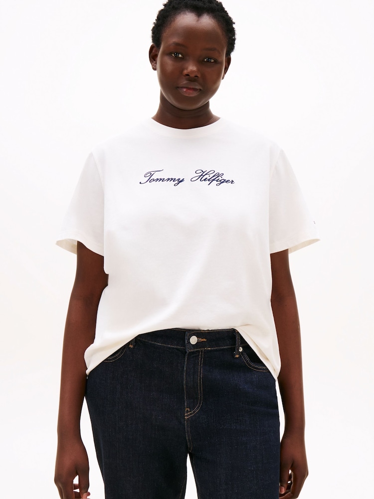 Tommy Hilfiger White Curve Logo Embroidery Crew Neck T-Shirt - Image 1 of 5