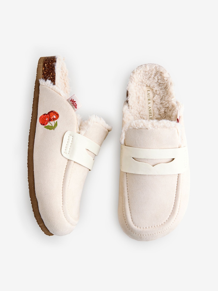 Laura Ashley Cream Embroidered Borg Footbed Mules - Image 2 of 7