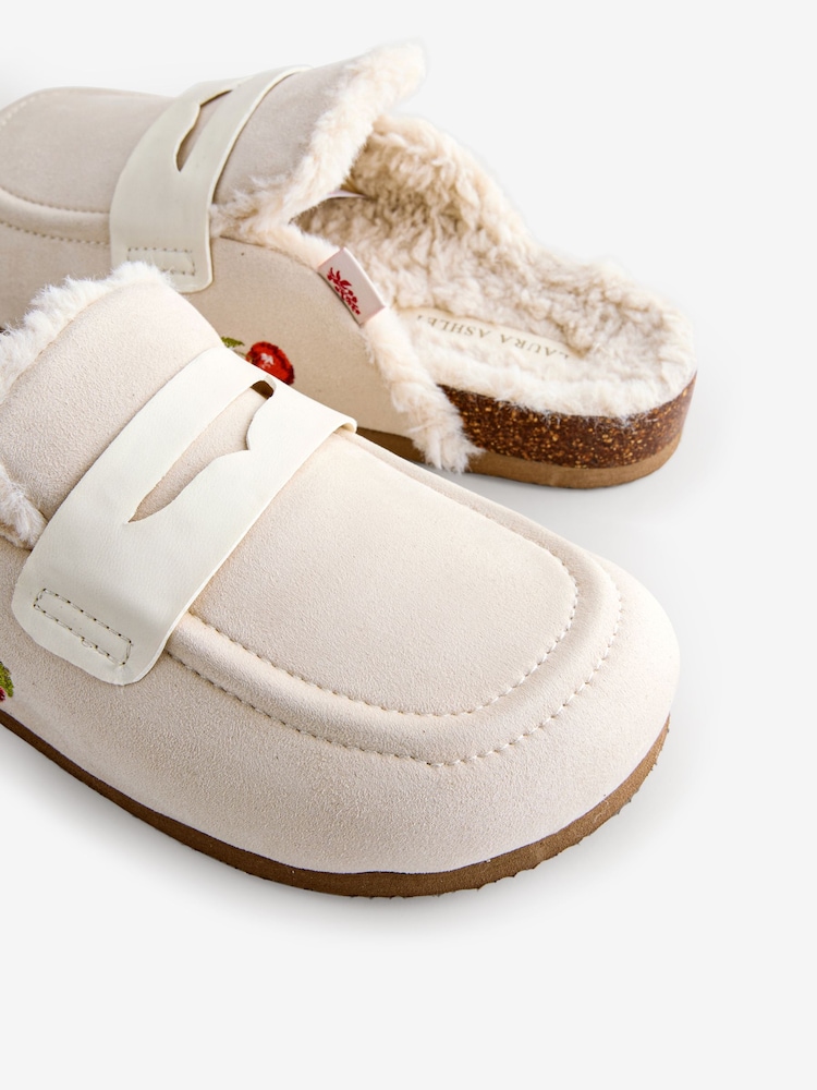 Laura Ashley Cream Embroidered Borg Footbed Mules - Image 7 of 7