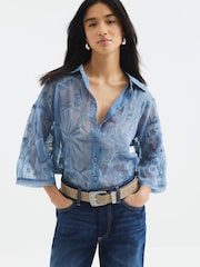 River Island Blue Petite Floral Print Embroidered Shirt - Image 1 of 6