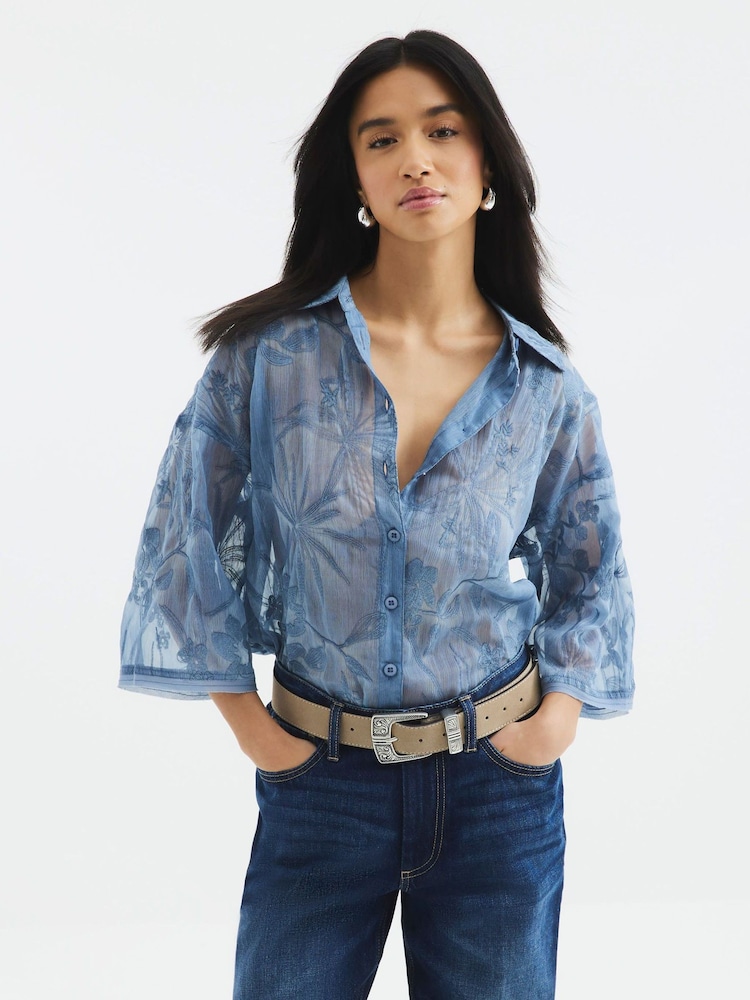 River Island Blue Petite Floral Print Embroidered Shirt - Image 2 of 6