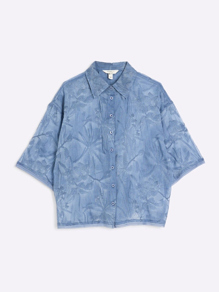 River Island Blue Petite Floral Print Embroidered Shirt - Image 6 of 6