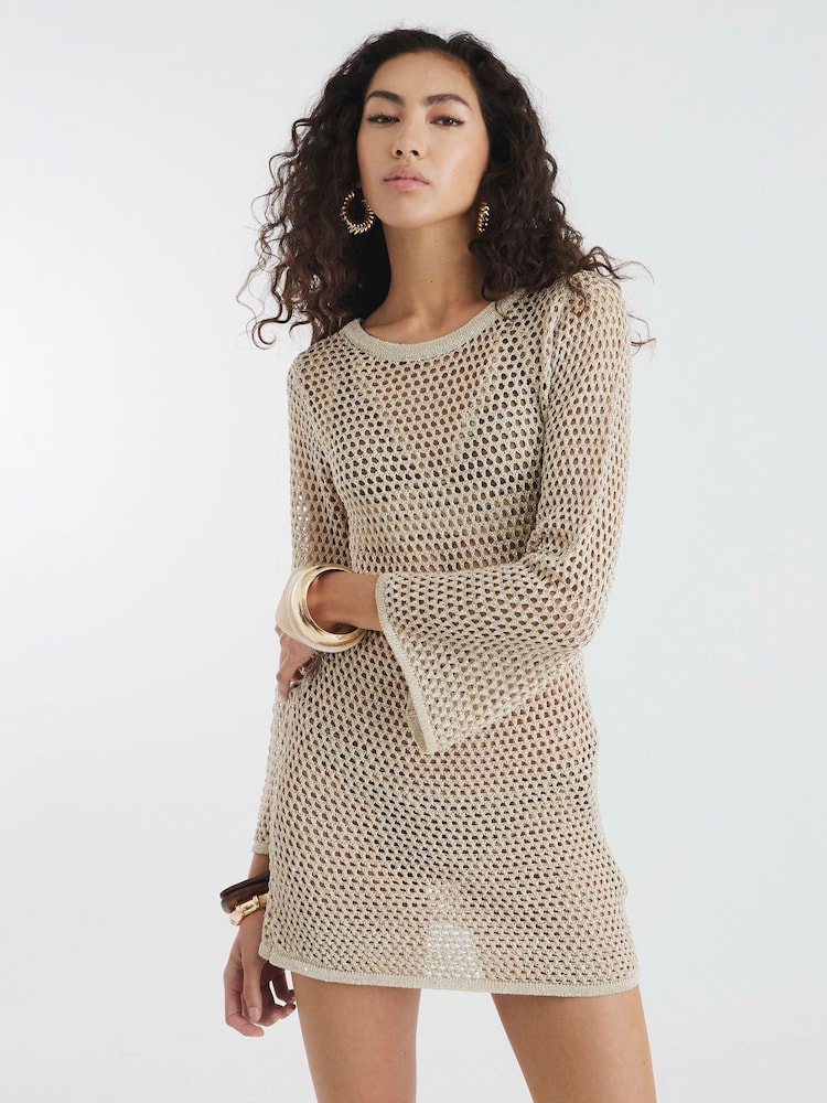 River Island Gold Metallic Knit Tunic Dress - Image 1 of 4 River Island Gold Metallic Knit Tunic Dress - Image 1 of 4