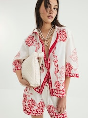 River Island Red Boxy Shell Riviera 100% Cotton Shirt - Image 1 of 4