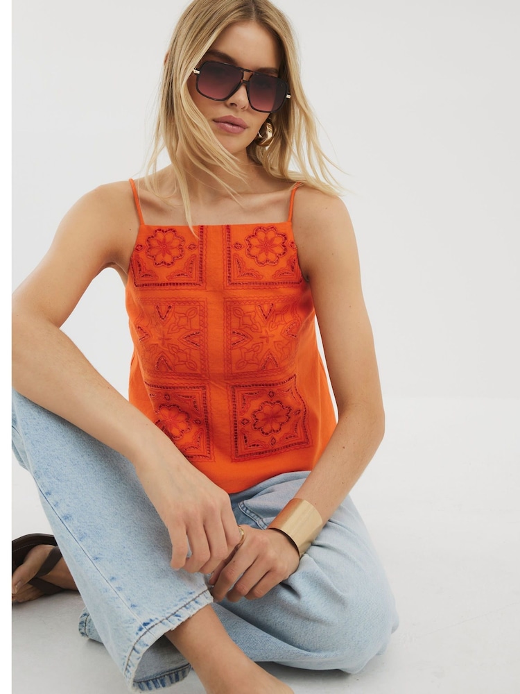 River Island Orange Broderie 100% Cotton Tank Top - Image 1 of 4 River Island Orange Broderie 100% Cotton Tank Top - Image 1 of 4