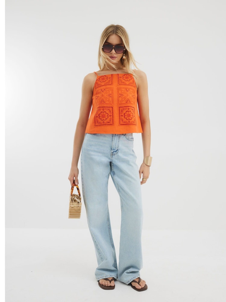 River Island Orange Broderie 100% Cotton Tank Top - Image 2 of 4 River Island Orange Broderie 100% Cotton Tank Top - Image 2 of 4