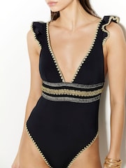 River Island Black Frill Elastic Plunge Swimsuit - Image 4 of 6