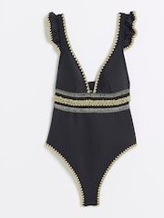 River Island Black Frill Elastic Plunge Swimsuit - Image 6 of 6