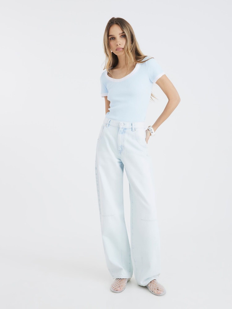 River Island Blue Scoop Neck Scallop T-Shirt - Image 1 of 4 River Island Blue Scoop Neck Scallop T-Shirt - Image 1 of 4