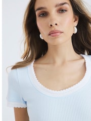 River Island Blue Scoop Neck Scallop T-Shirt - Image 3 of 4