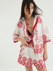 River Island Red Shell Printed Tie Waist Shorts - Image 1 of 4