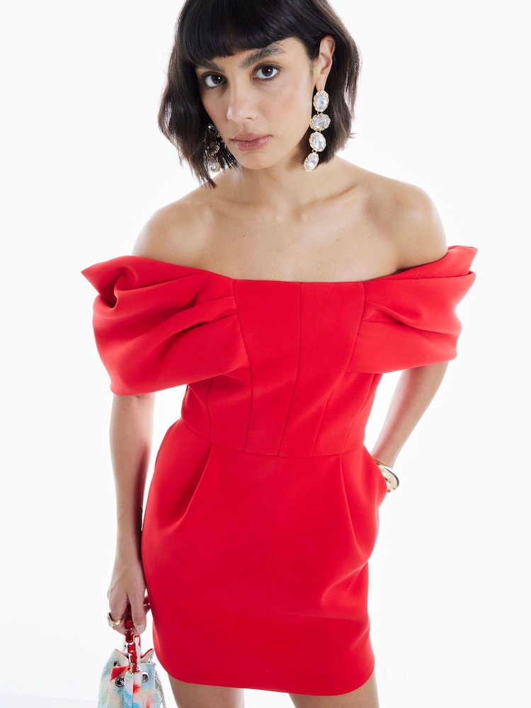 River Island Red Structured Off Shoulder Dress - Image 1 of 6 River Island Red Structured Off Shoulder Dress - Image 1 of 6