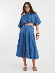 River Island Blue Puffball 100% Cotton Denim Crop Shirt - Image 1 of 4