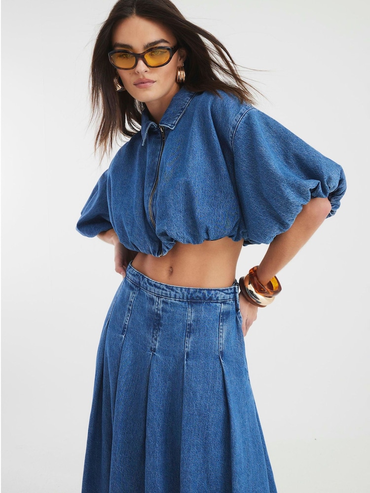 River Island Blue Puffball 100% Cotton Denim Crop Shirt - Image 2 of 4