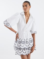 River Island White Cutwork Mini 100% Cotton Shirt Dress - Image 4 of 6
