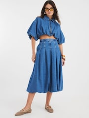 River Island Blue Denim Puffball Denim 100% Cotton Midi Skirt - Image 1 of 4