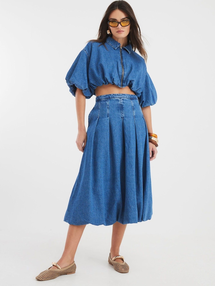 River Island Blue Denim Puffball Denim 100% Cotton Midi Skirt - Image 1 of 4