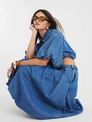 River Island Blue Denim Puffball Denim 100% Cotton Midi Skirt - Image 2 of 4
