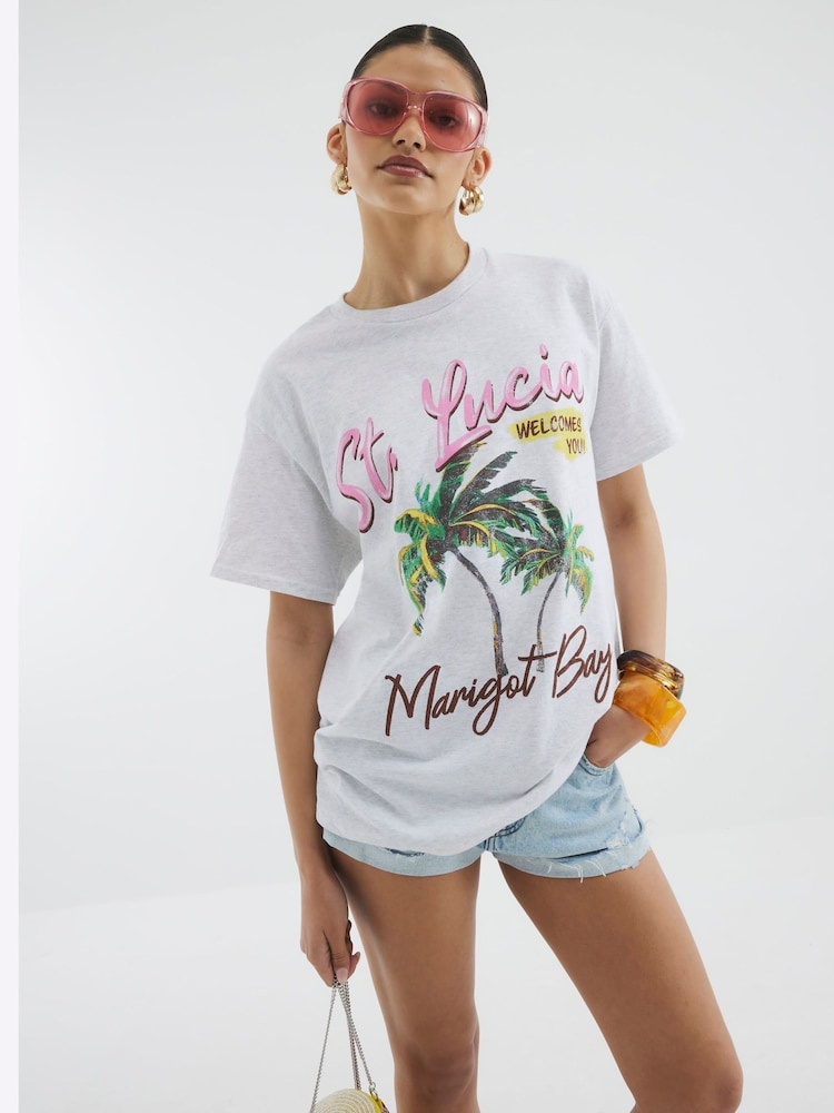 River Island Grey St Lucia Palm Print T-Shirt - Image 2 of 4