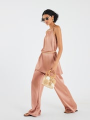 River Island Brown Satin Straight Leg Trousers - Image 1 of 4