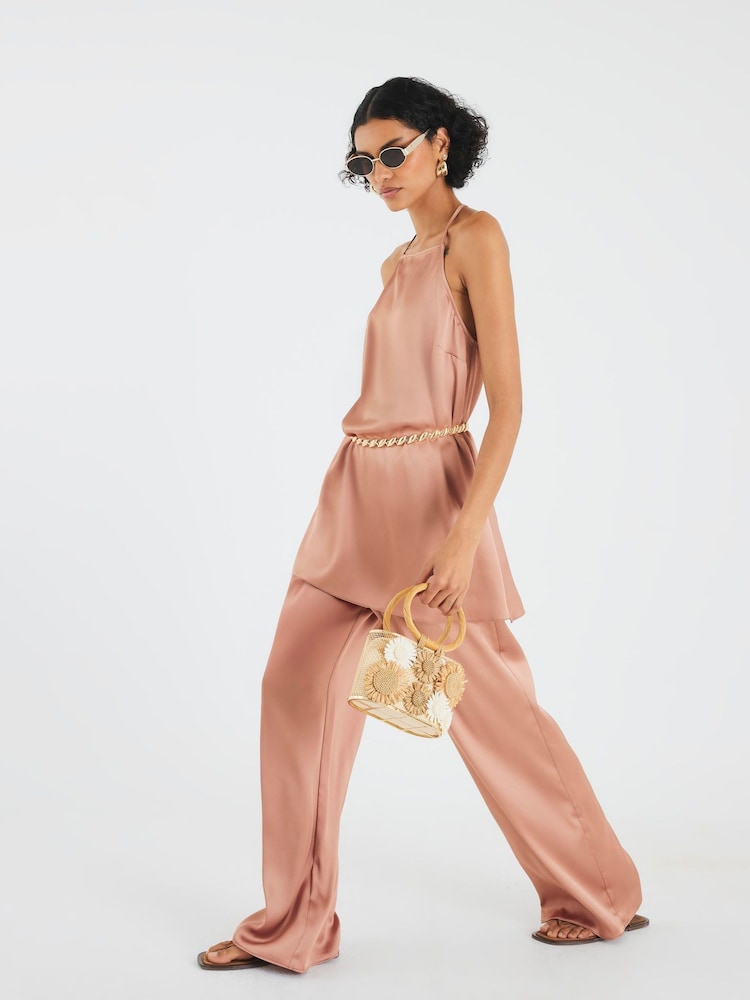 River Island Brown Satin Straight Leg Trousers - Image 1 of 4