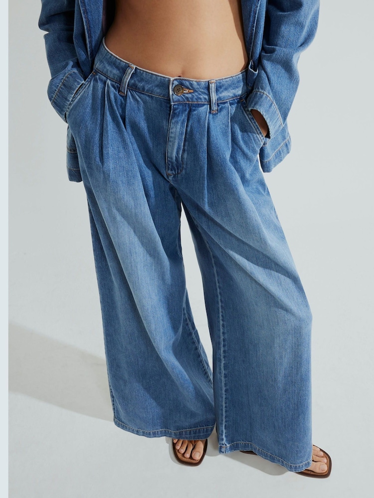 River Island Blue High Rise Tailored 100% Cotton Wide Leg Jeans - Image 1 of 4 River Island Blue High Rise Tailored 100% Cotton Wide Leg Jeans - Image 1 of 4