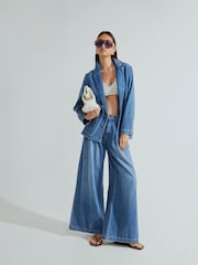 River Island Blue High Rise Tailored 100% Cotton Wide Leg Jeans - Image 4 of 4
